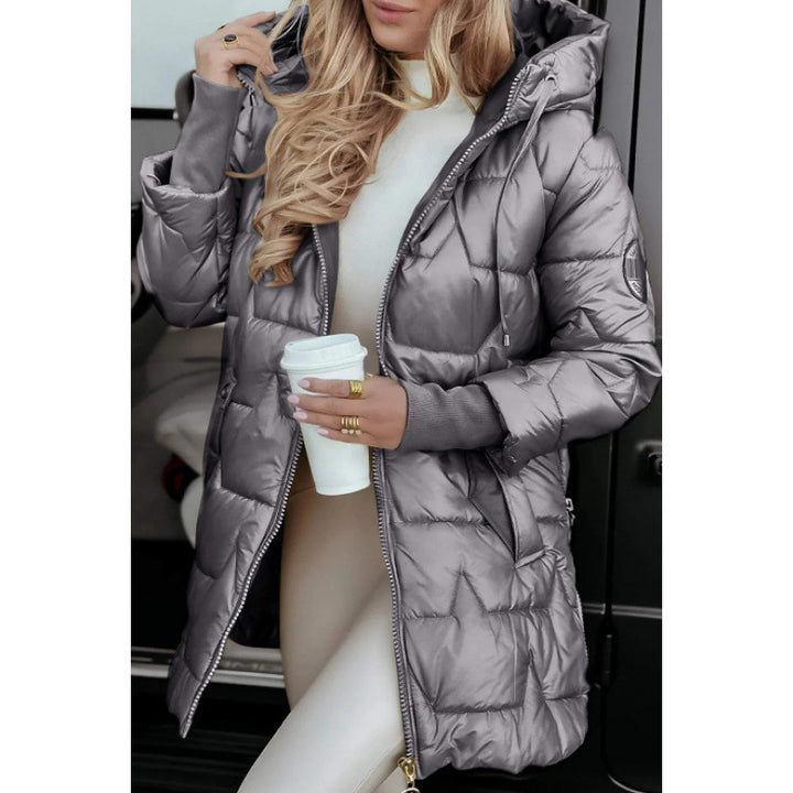 Damen Longline Steppjacke mit abnehmbarem Kapuzenfutter und seitlichen Reißverschlusstaschen Drune
