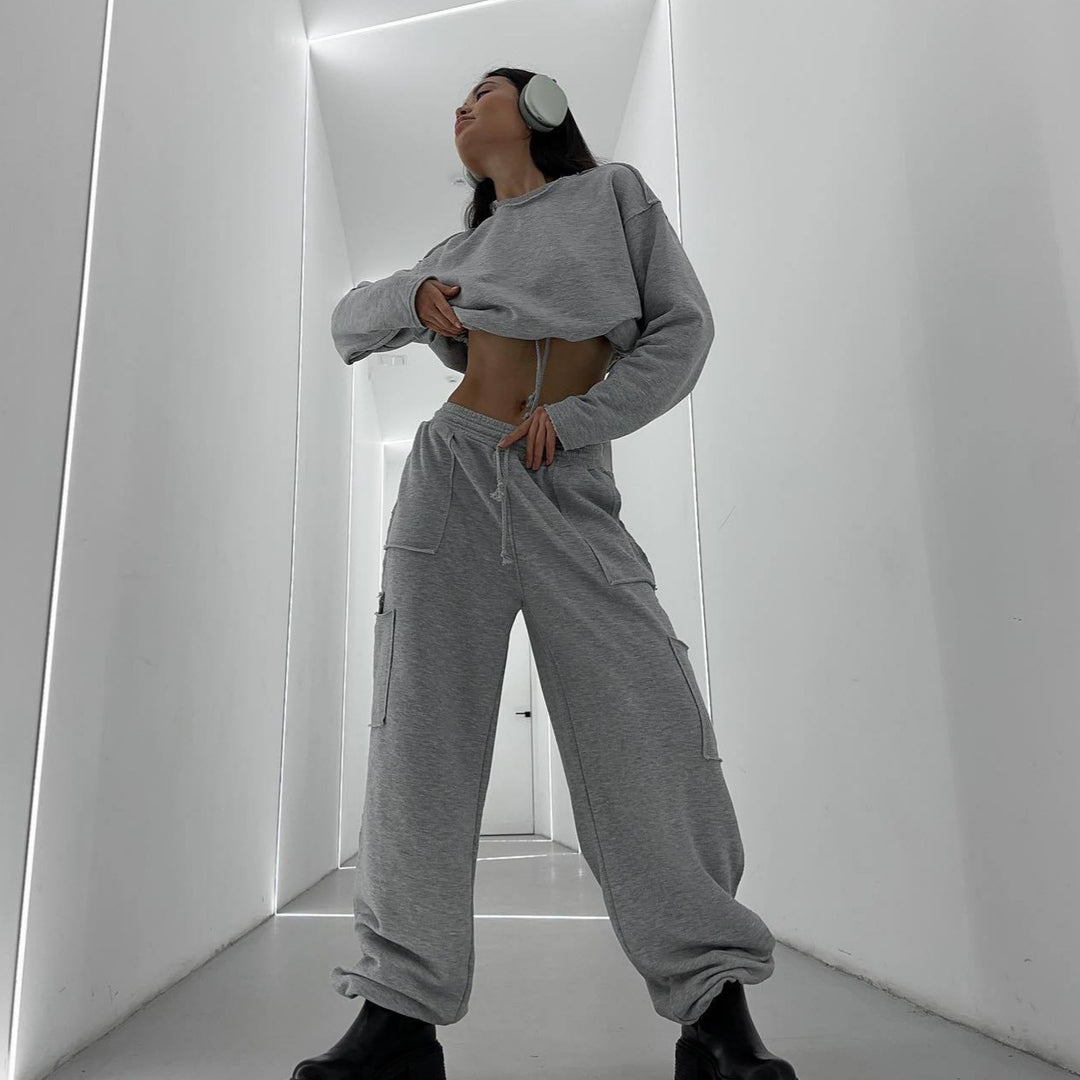 Damen kurzes Sweatshirt mit Kordelzug und Oversize-Ärmeln Drune