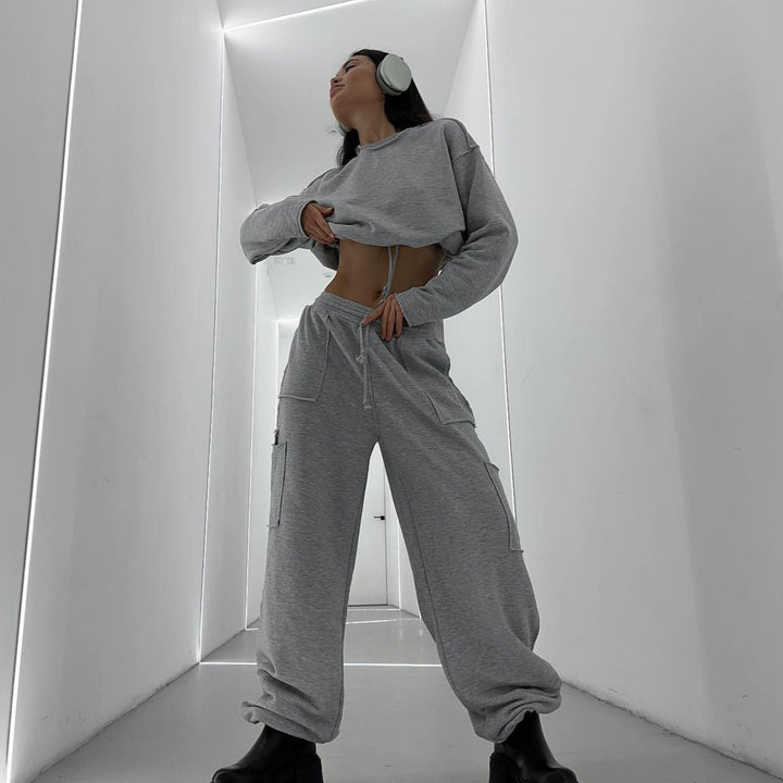 Damen kurzes Sweatshirt mit Kordelzug und Oversize-Ärmeln Drune