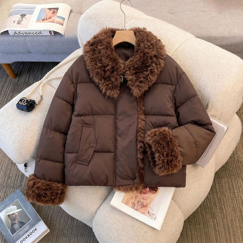 Damen nan wattierte Kurzjacke mit voluminösem Kunstfellkragen und Bommelbändern Drune