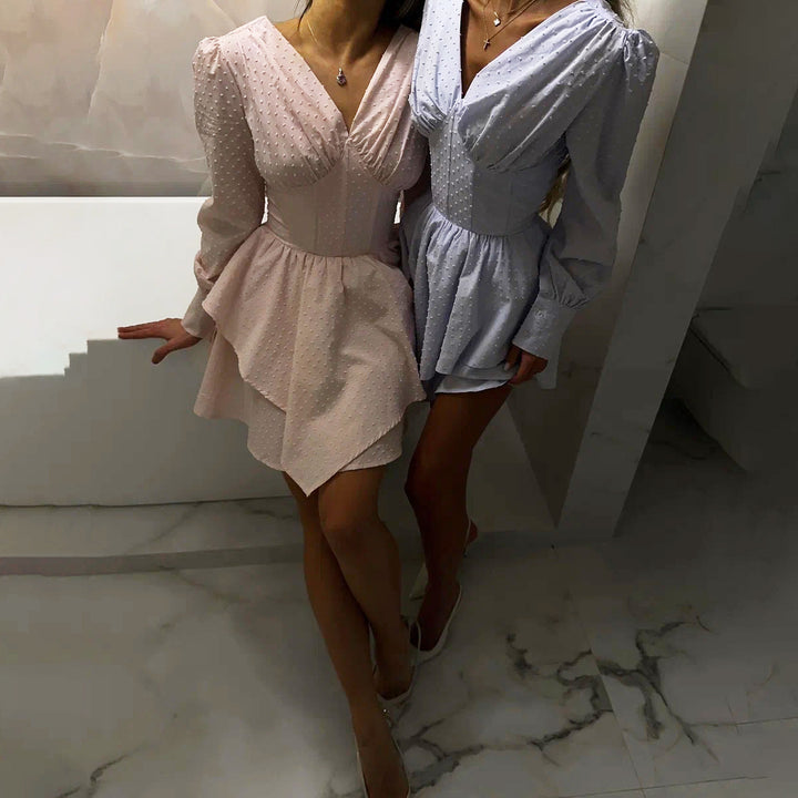 Damen verspieltes Wickelkleid mit voluminösen Ärmeln und asymmetrischem Saum Drune