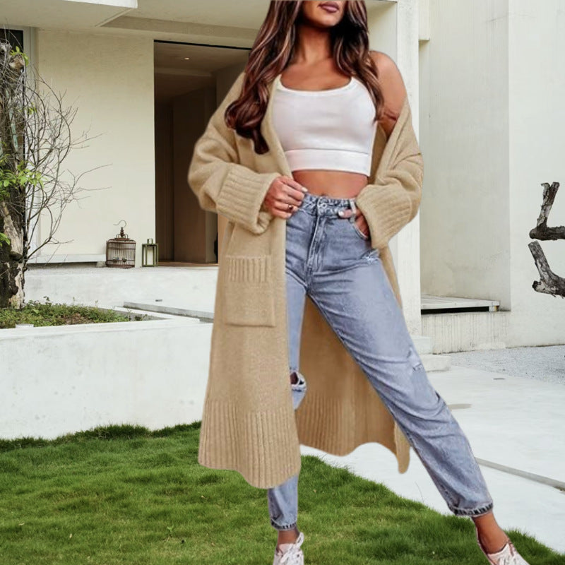 Damen Langer Strickcardigan mit tiefen Taschen und eleganter Struktur Drune