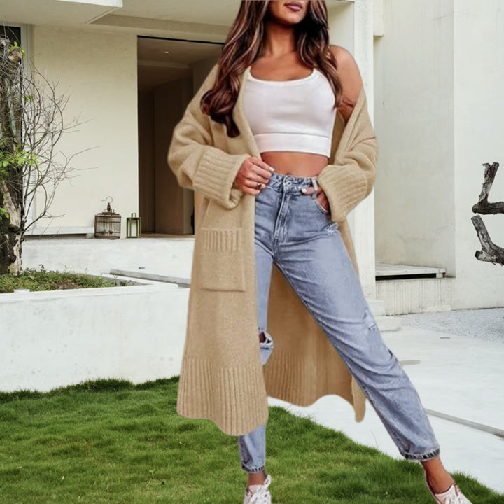 Damen Langer Strickcardigan mit tiefen Taschen und eleganter Struktur Drune