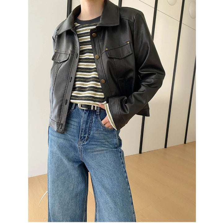 Damen Kunstlederjacke im Biker-Stil mit doppeltem Kragen und praktischen Taschen Drune