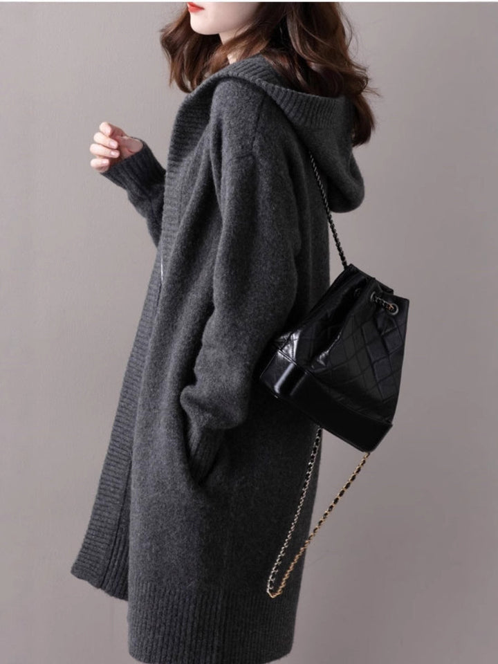 Damen Oversize Kapuzencardigan im Kaschmir‑Look mit offenem Fall und breiter Rippe Drune