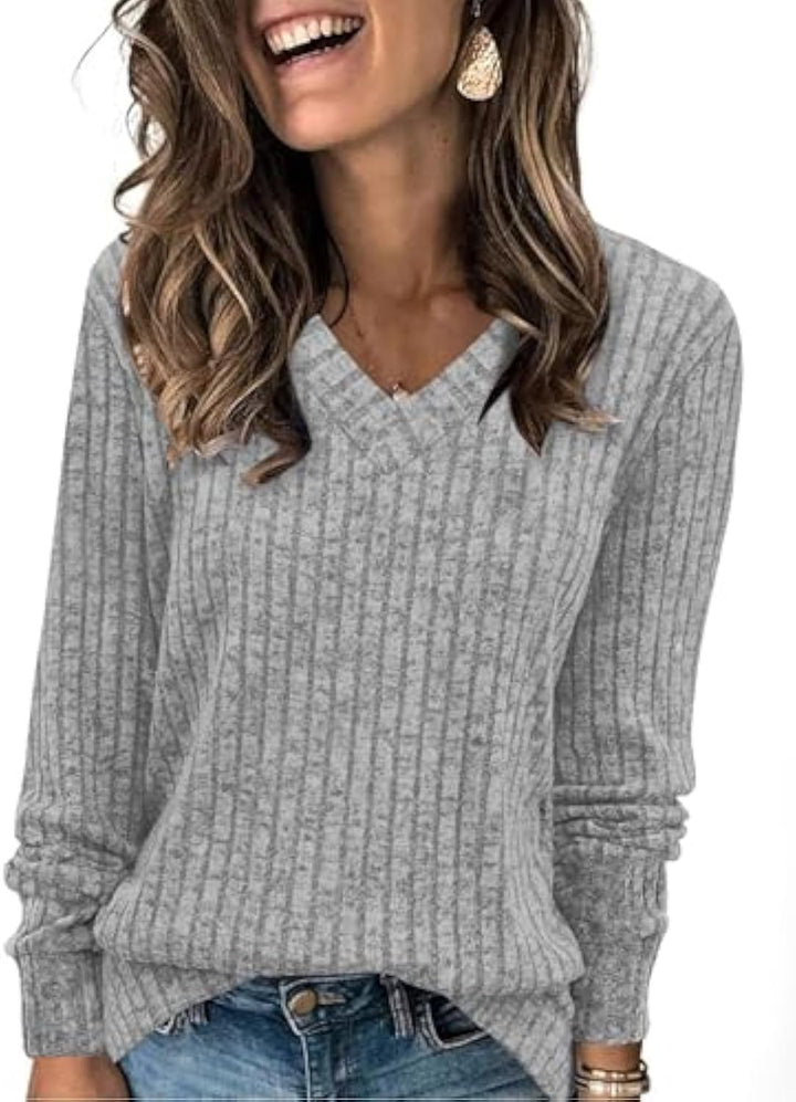 Damen gerippter V‑Ausschnitt Feinstrickpullover mit längerem Arm Drune