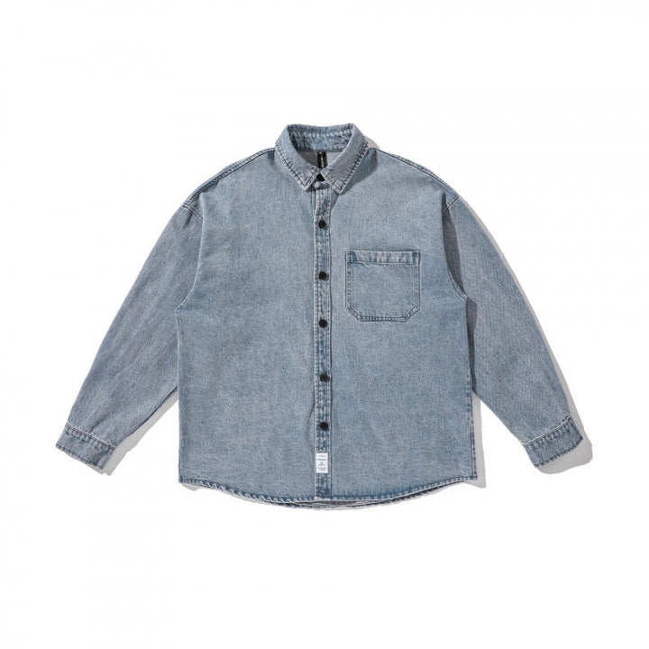 Unisex Kastenförmige Oversized Denim Hemdjacke mit Brusttasche und verwaschener Optik Drune