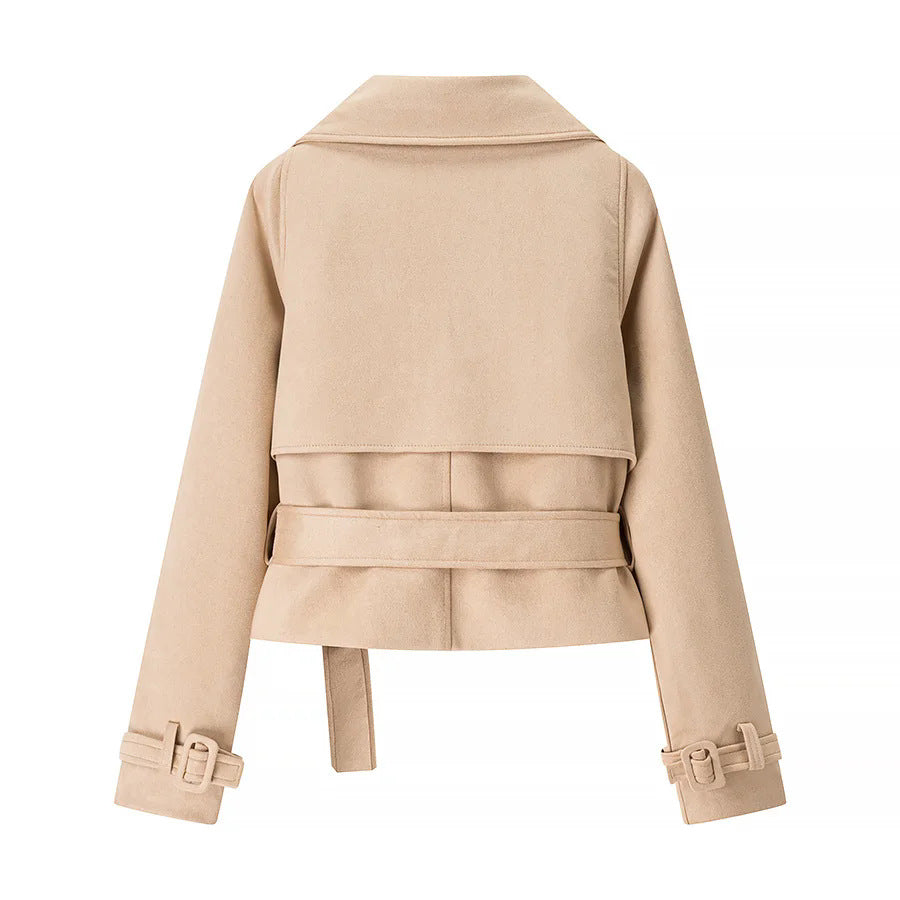 Damen nan cropped Mantelblazer im Velours‑Look mit breitem Revers und Taillengürtel Drune