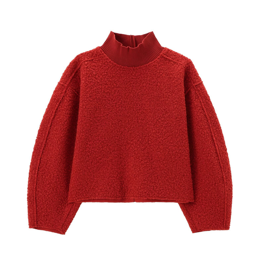 Damen Oversize Cropped Pullover mit Stehkragen und Ballonärmeln Drune