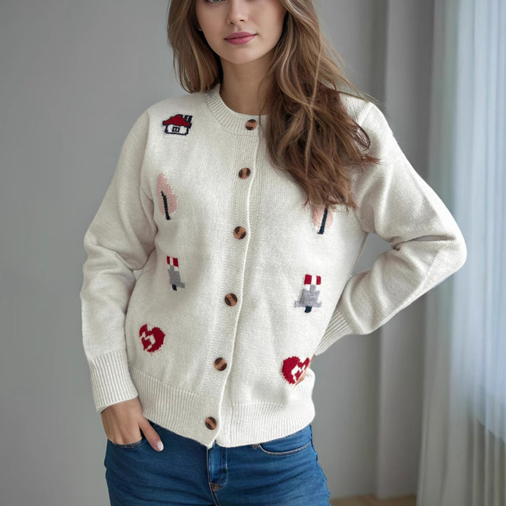 Damen Strickjacke mit bunten Applikationen und Knopfverschluss Drune