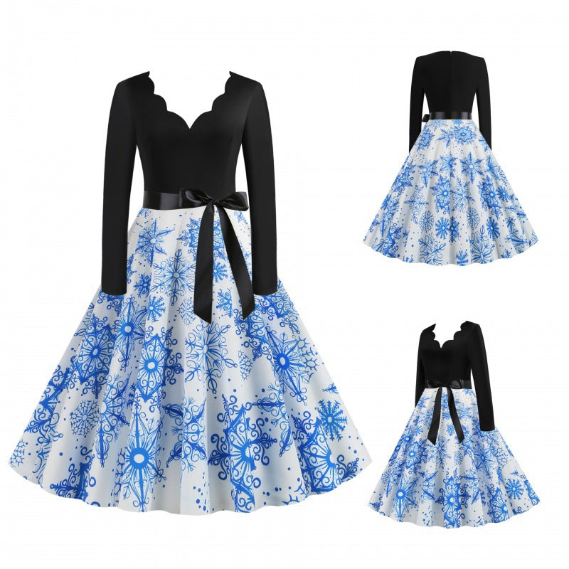 Damen Festliches Tellerrockkleid mit geschwungener Ausschnittkante, langen Ärmeln und Satin-Taillengürtel Drune