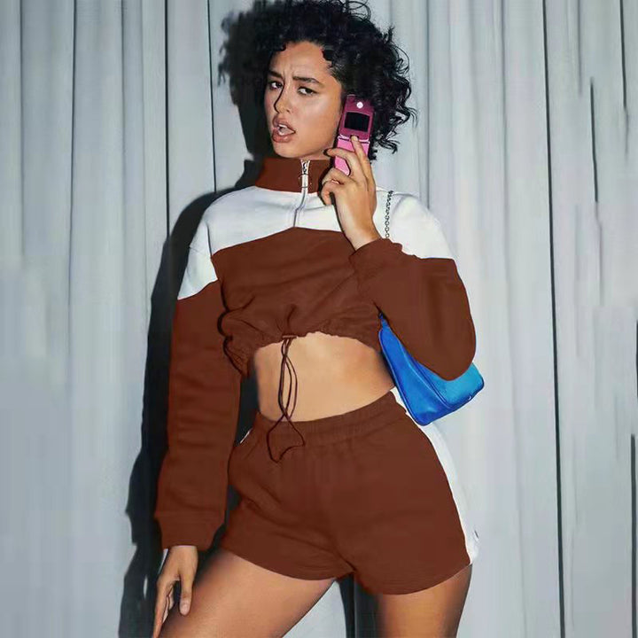 Damen Cropped Sportanzug mit hohem Kragen und Kordelzug Drune