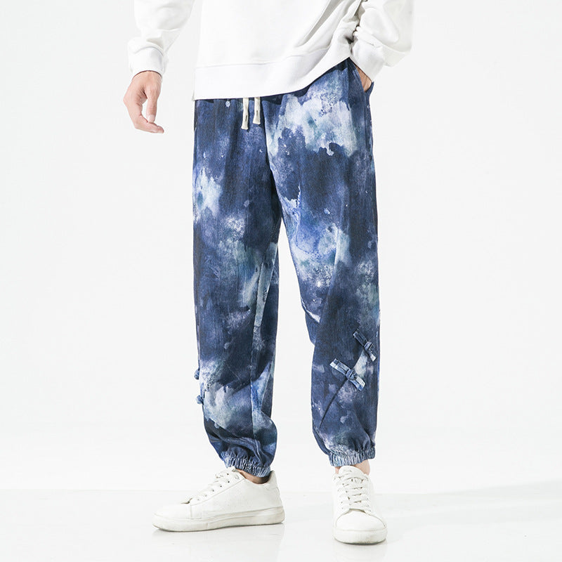 Herren Tie-Dye Baggy Jogginghose mit Tunnelzug, Gummibündchen und dekorativen Riemen Drune