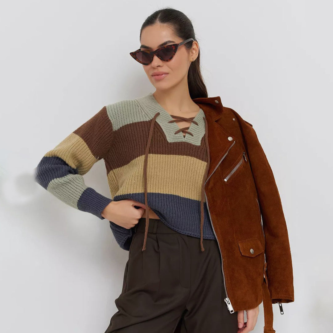 Damen Strickpullover mit lässigem V-Ausschnitt und dekorativem Schnürdetail Drune