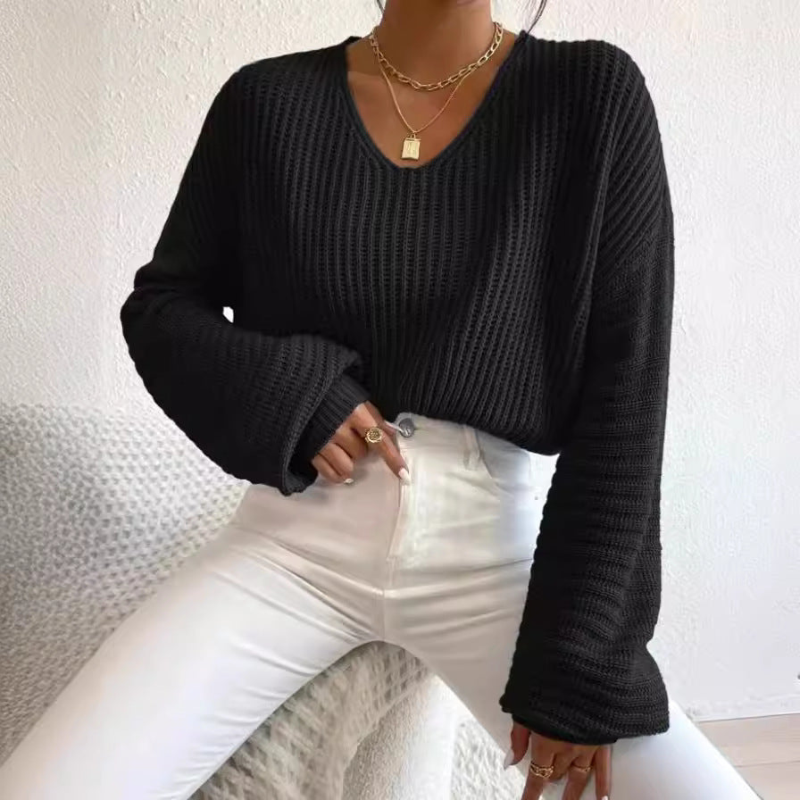 Damen lässiger Strickpullover mit weitem V-Ausschnitt und oversize Ärmeln Drune
