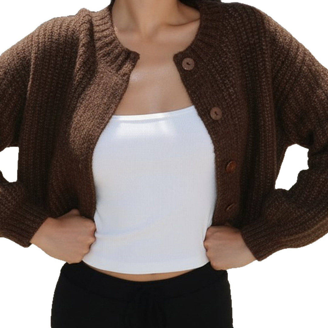 Damen Kurzgeschnittene Rippstrick-Cardigan mit Ballonärmeln und Zierknopfleiste Drune