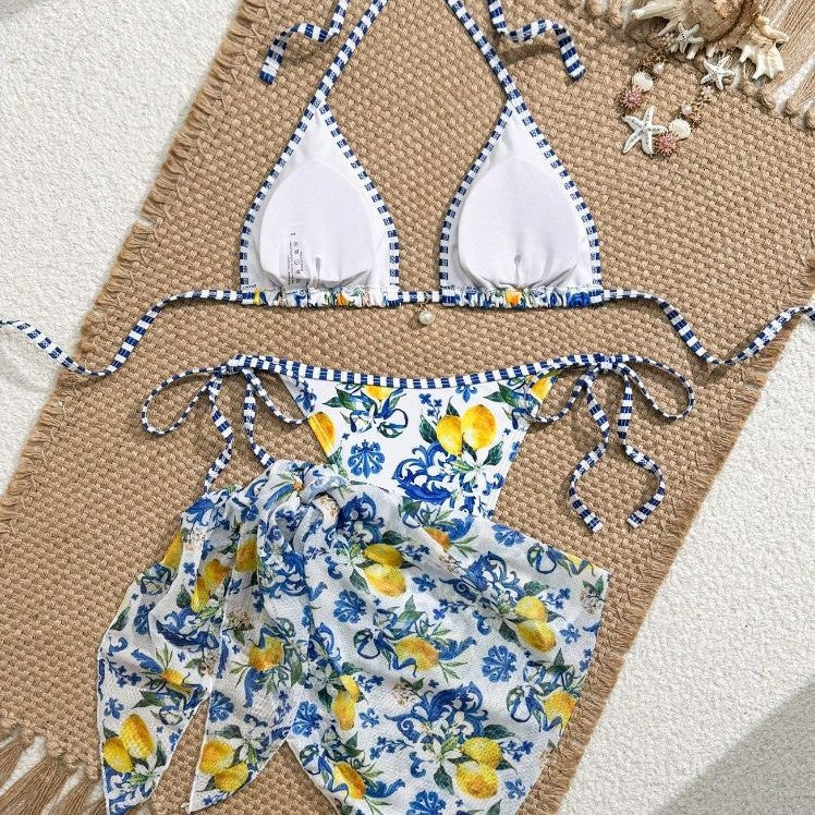 Damen Triangel-Bikini mit floralem Muster und verspieltem Pareo Drune