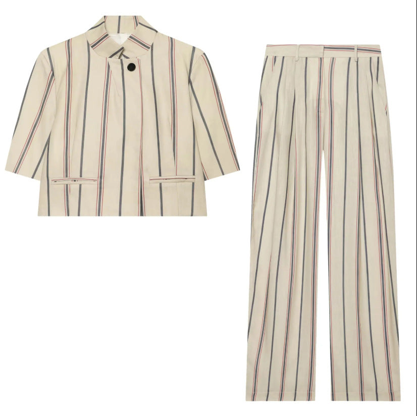 Damen Weite Leinenhose mit Bundfalten, hohem Bund und Längsstreifen Drune