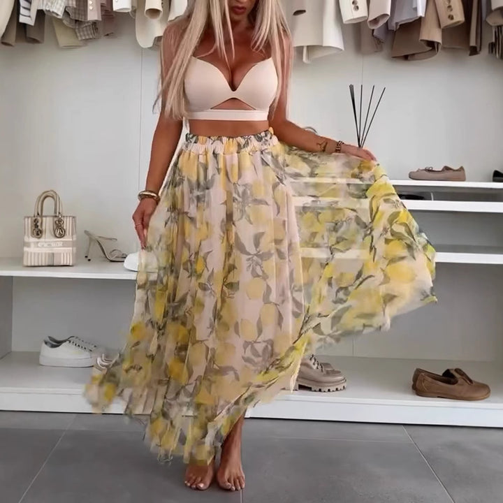 Damen nan fließender Maxi-Rock mit mehrlagigem Chiffon-Overlay, elastischem Bund und feinem Blumenprint Drune
