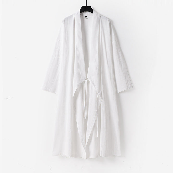Unisex Langer Kimono-Mantel aus leichtem Baumwollmix mit drapierter Front und Bindeschlaufe Drune