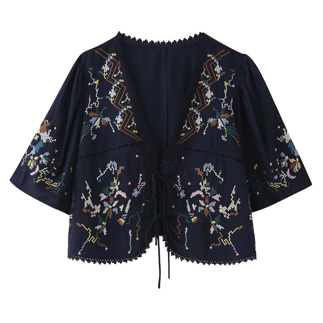Damen nan bestickte Kimono-Jacke mit Bindeband, Häkelkante und ellenbogenlangen Ärmeln Drune