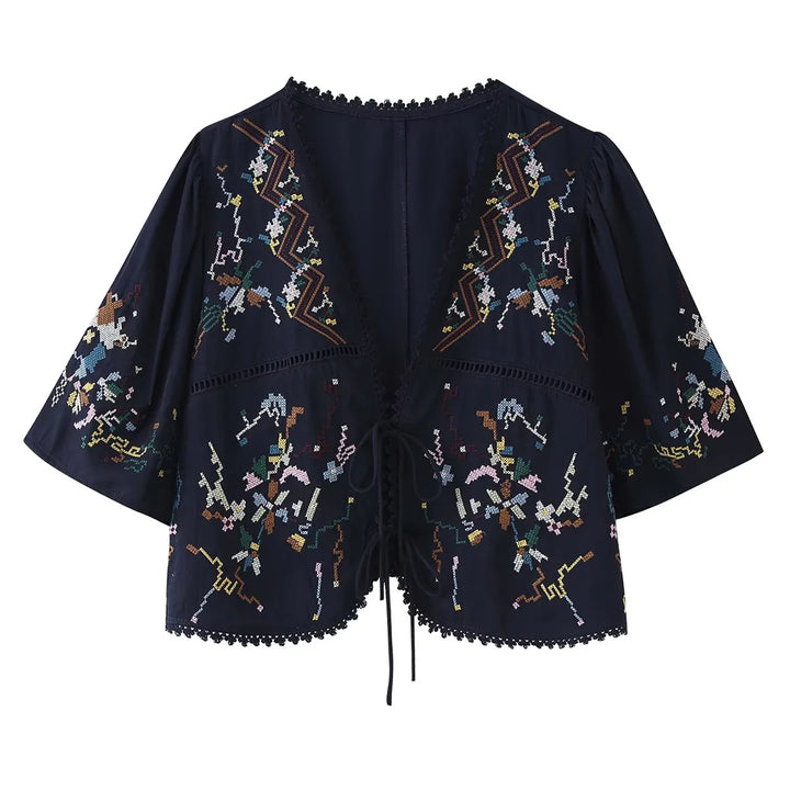 Damen nan bestickte Kimono-Jacke mit Bindeband, Häkelkante und ellenbogenlangen Ärmeln Drune
