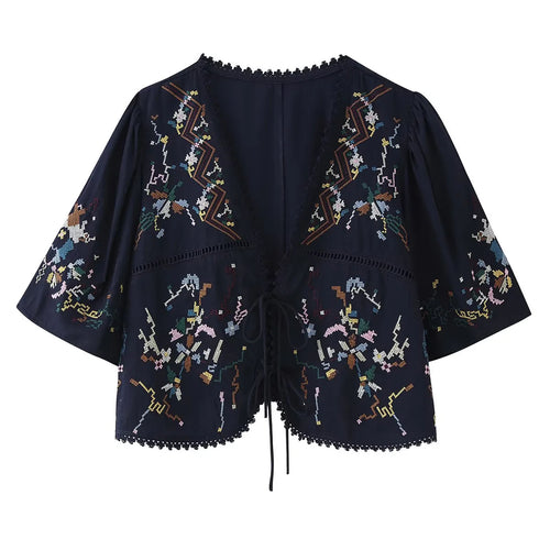 Damen nan bestickte Kimono-Jacke mit Bindeband, Häkelkante und ellenbogenlangen Ärmeln Drune