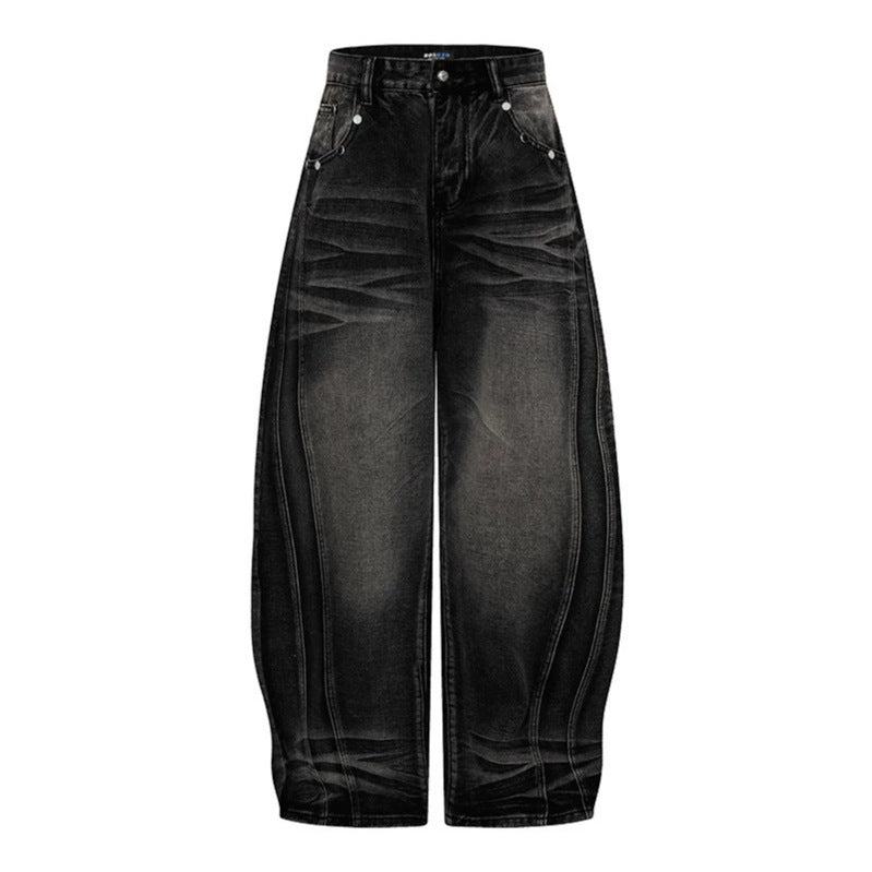 Damen Weite High‑Waist Ballon-Jeans mit Ziernähten Drune