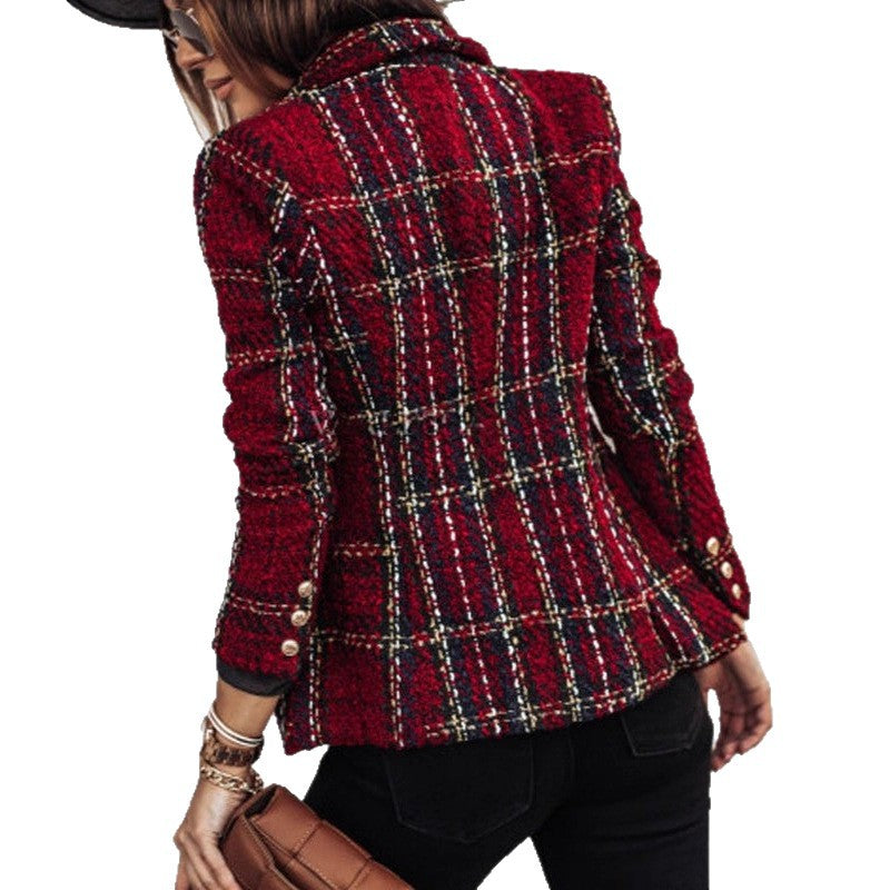 Damen Bouclé-Tweed-Blazer mit Karomuster und doppelreihiger Knopfleiste Drune