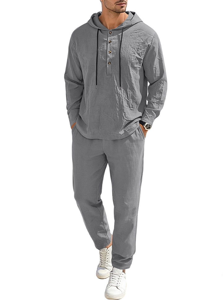 Herren nan entspannter Kapuzen-Henley Freizeitanzug aus leichter Baumwollmischung in Leinenoptik mit Kordelzug und elastischer Bundhose Drune