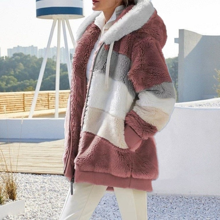 Damen nan Oversize Teddyfell-Kapuzenjacke mit Farbblock-Streifen, hochwertigem Reißverschluss und gerippten Bündchen Drune