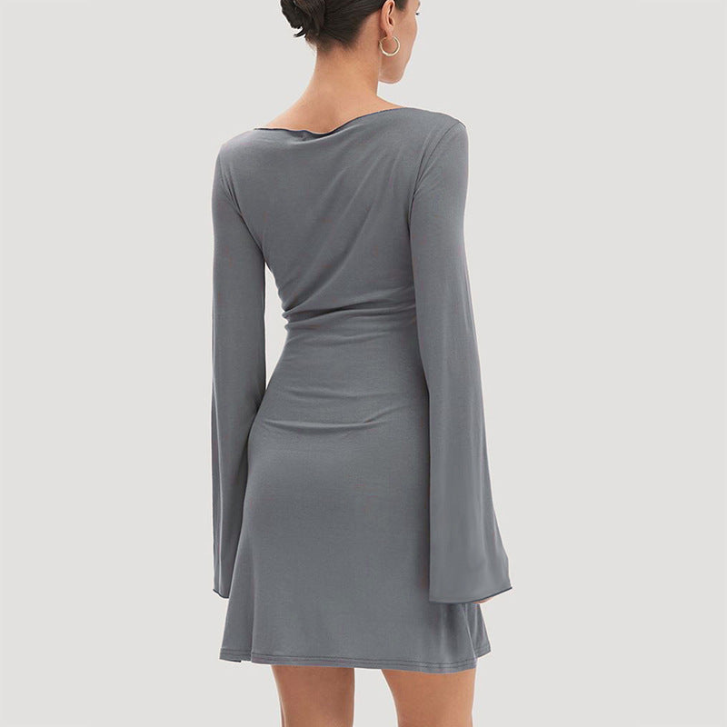 Damen elegantes Langarmkleid mit asymmetrischem Saum und fließendem Schnitt Drune