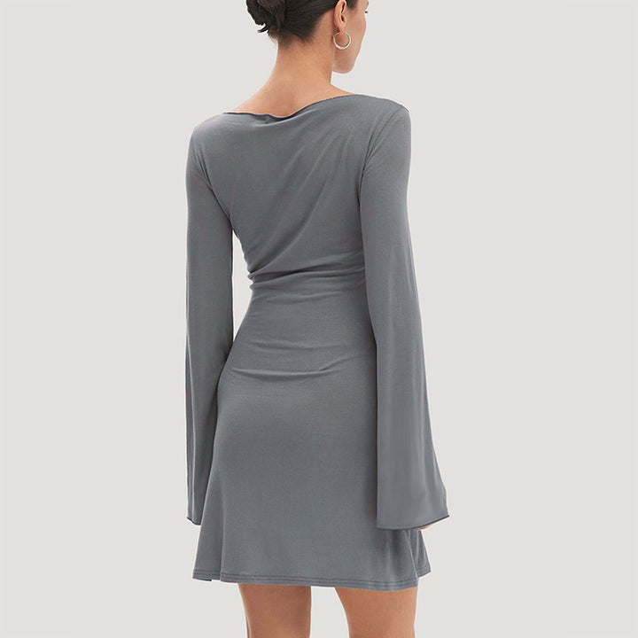 Damen elegantes Langarmkleid mit asymmetrischem Saum und fließendem Schnitt Drune