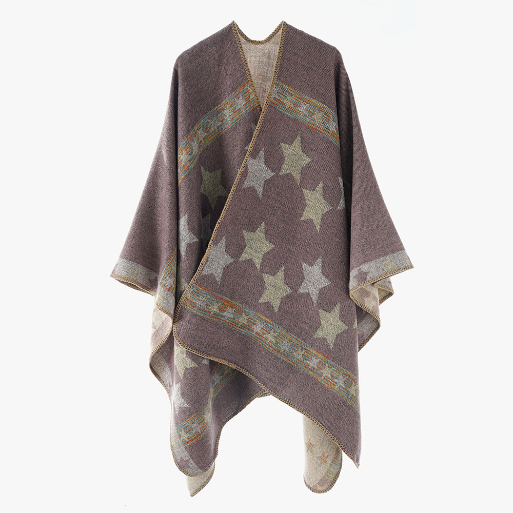 Damen Oversize-Capeponcho aus Wollmix mit zweilagigem Stern‑Jacquard und dekorativer Kettelnaht Drune