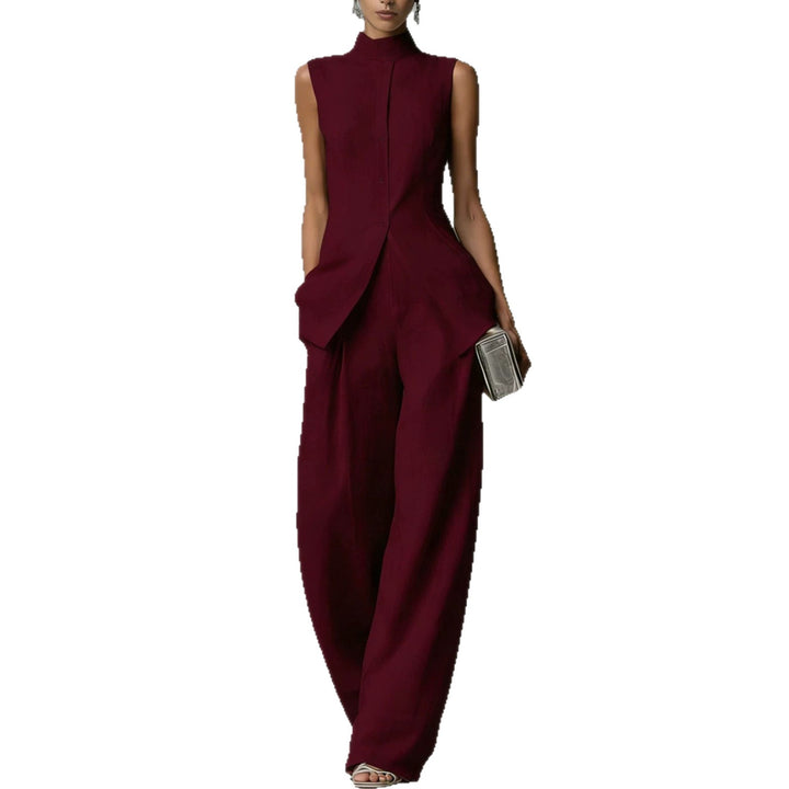 Damen Ärmelloser Leinen-Jumpsuit mit Stehkragen und weitem Bein Drune