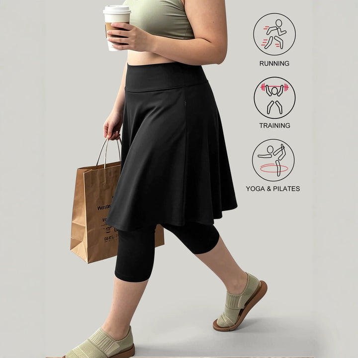 Damen Leggings mit integriertem Rock hoher Taillenbund und Seitentasche Drune