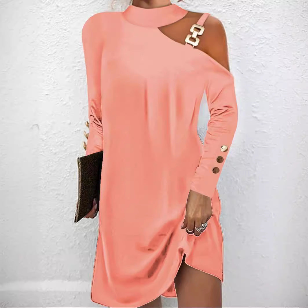 Damen nan asymmetrisches Minikleid mit Stehkragen, Cut-Out-Schulter und Zierkettenträger Drune