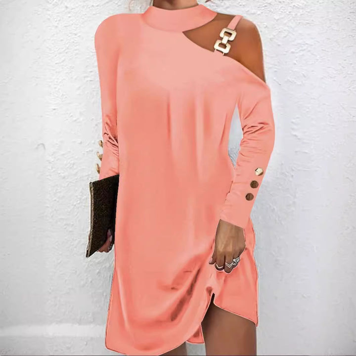 Damen nan asymmetrisches Minikleid mit Stehkragen, Cut-Out-Schulter und Zierkettenträger Drune