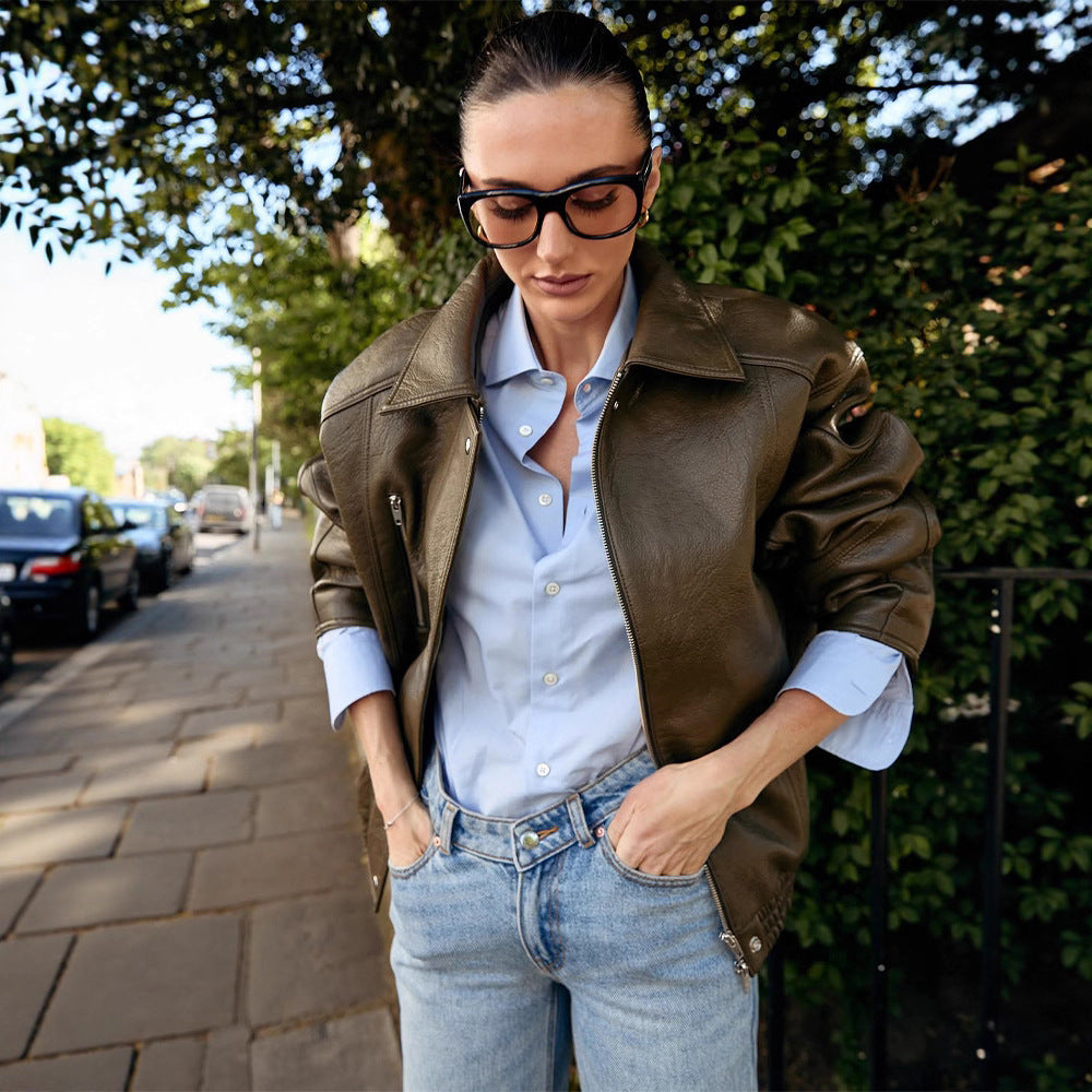 Damen Oversize-Lederimitat-Fliegerjacke mit Teddy-Innenseite, sichtbaren Nahtdetails & elastischem Saum Drune
