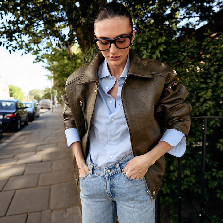 Damen Oversize-Lederimitat-Fliegerjacke mit Teddy-Innenseite, sichtbaren Nahtdetails & elastischem Saum Drune