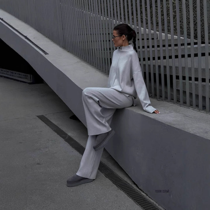 Damen lässiges Strickensemble mit hohem Kragen Drune