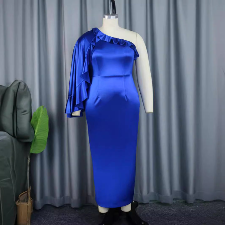 Damen elegantes Abendkleid mit asymmetrischem Rüschärmel Drune