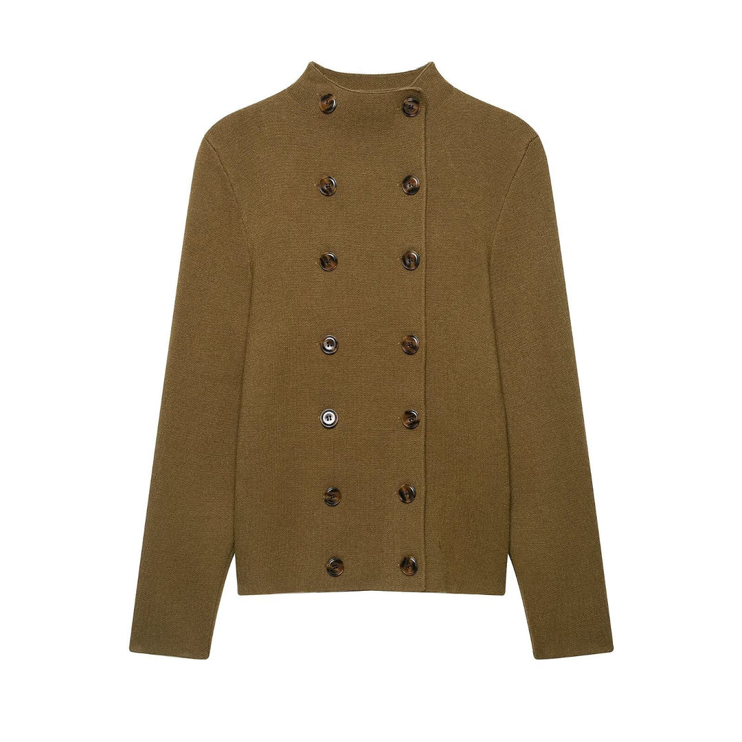 Damen Doppelreihige Cropped Strickjacke mit Stehkragen Drune
