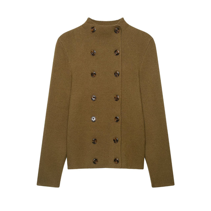 Damen Doppelreihige Cropped Strickjacke mit Stehkragen Drune