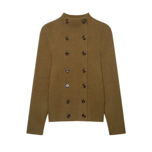 Damen Doppelreihige Cropped Strickjacke mit Stehkragen Drune