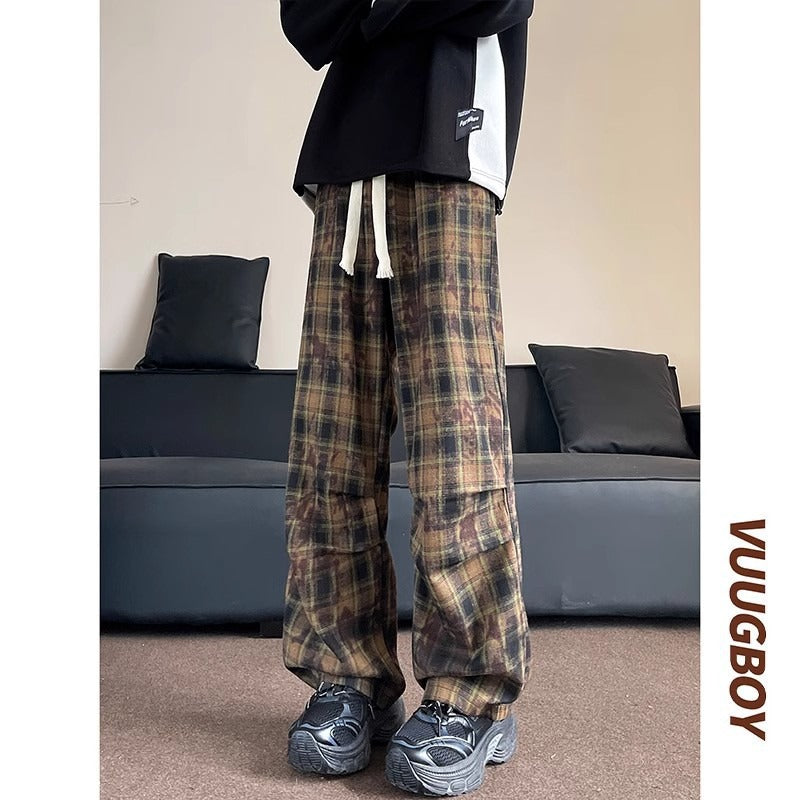 Herren weite karierte Flanellhose mit Kordelzug im Baggy-Schnitt Drune