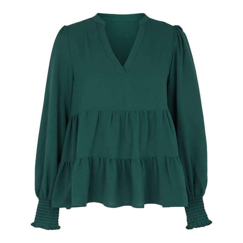Damen Zweistufige Volant-Bluse mit V-Ausschnitt und gerafften Ärmelbündchen Drune