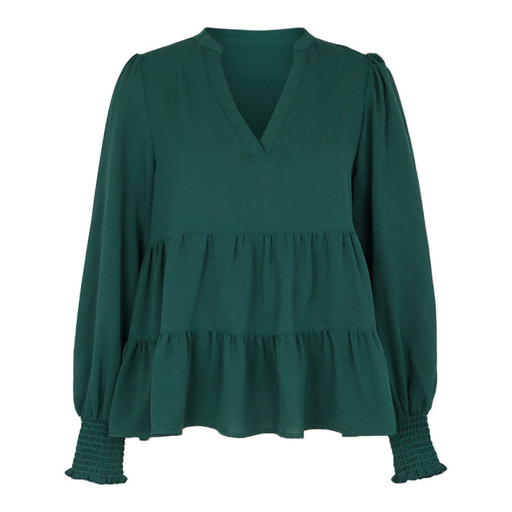 Damen Zweistufige Volant-Bluse mit V-Ausschnitt und gerafften Ärmelbündchen Drune