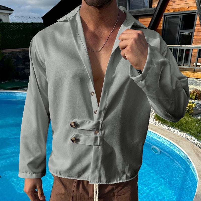 Herren Elegante Langarmbluse mit einzigartiger Knopfleiste und schickem Stehkragen Drune