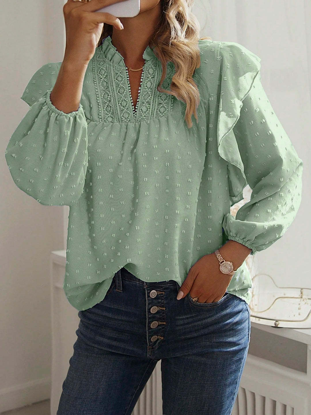 Damen Viskose-Bluse mit Spitzenstickerei und Volantärmeln Drune